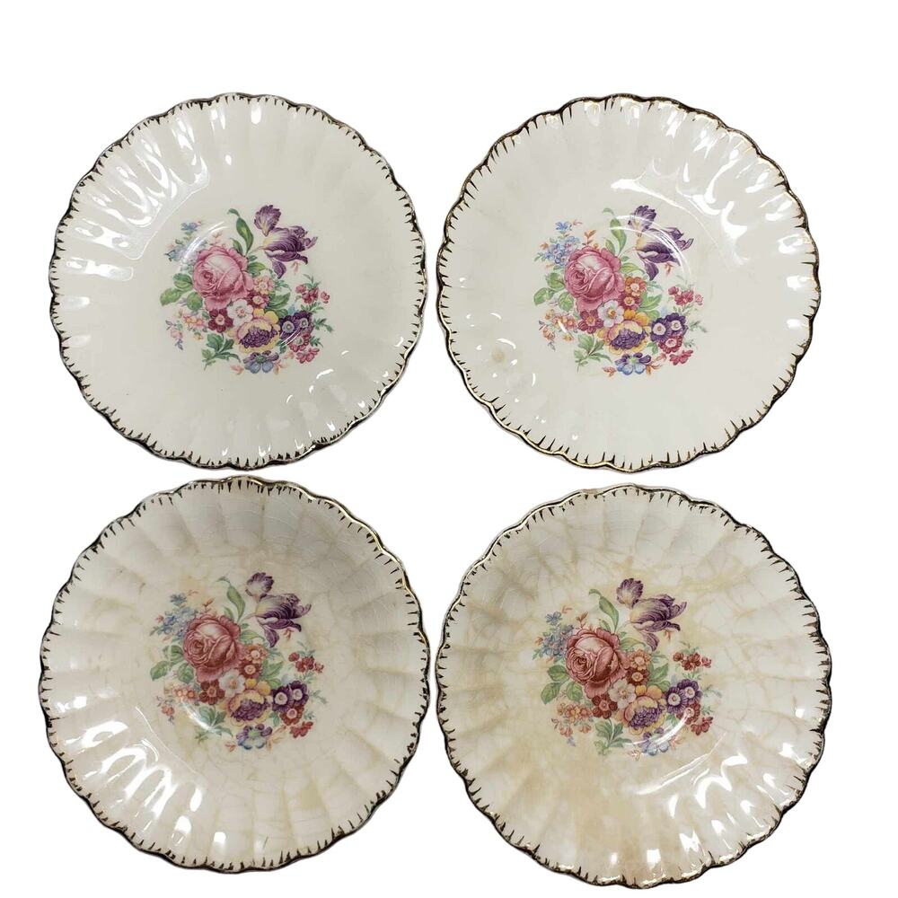 Leigh Ware Potters USA Vintage Set of 4 Floral 22k Gold GFE Bowls